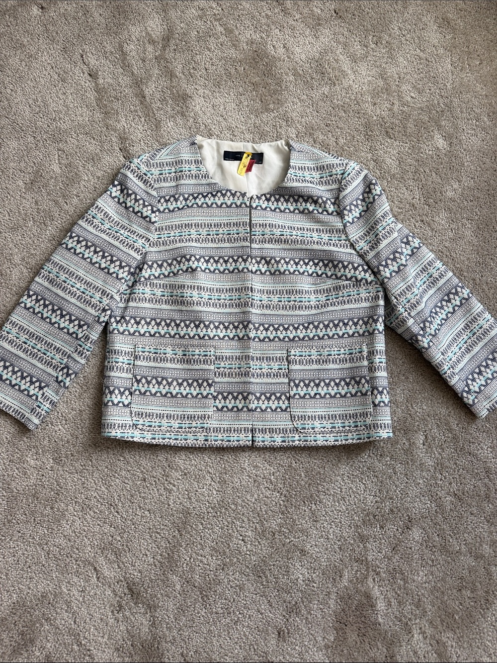 The Limited White and Turquoise Patterned Boxy Blazer